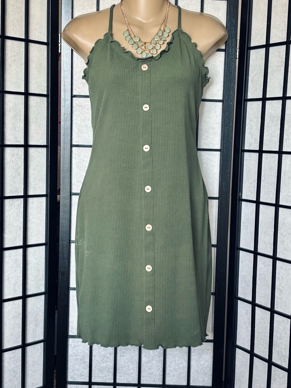 No Boundaries Olive Green Ribbed Stretch Dress. LG